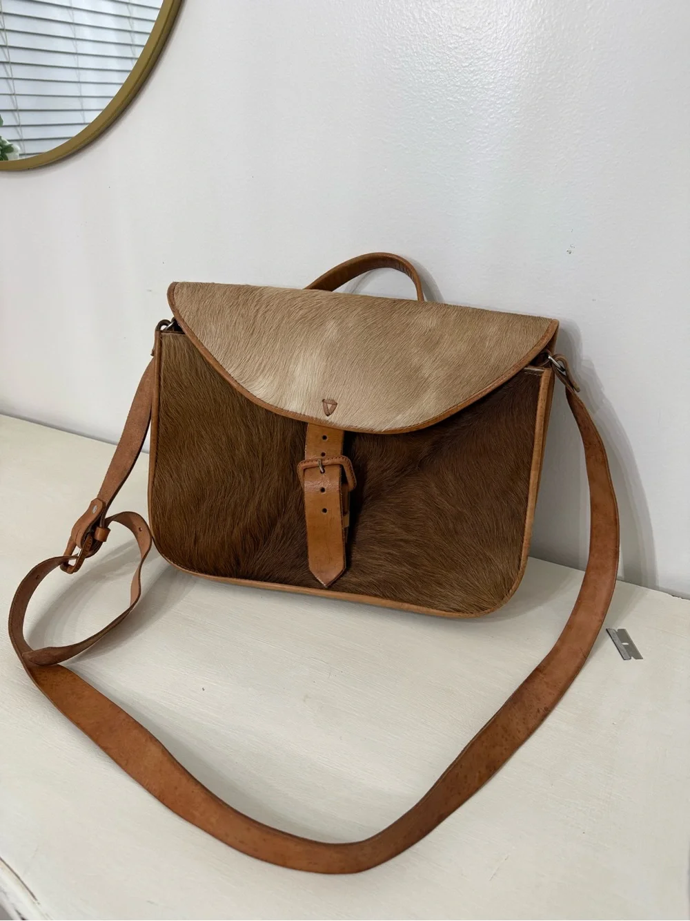 Men's Two-Tone Brown Haircalf Leather Laptop Satchel